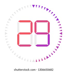 The  29 minutes, stopwatch vector icon, digital timer. Vector digital count down circle board with circle time pie diagram. Watch outline style design, designed for web and app.
