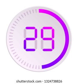 The 29 minutes, stopwatch vector icon, digital timer. Vector digital count down circle board with circle time pie diagram. Watch outline style design, designed for web and app.