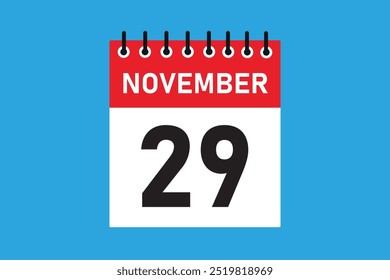 29 November. 29th november  professional modern exclusive daily calendar design. Meeting schedule flat icon icon design. White and red colour  paper. White, black color text. Vector illustration eps.
