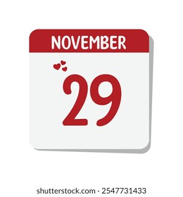 29 November date calendar icon with red hearts and white background