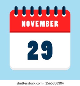 29 November - Flat icon calendar isolated on blue background. Vector illustration.