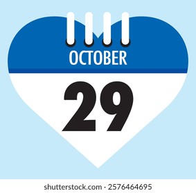 29 October calendar icon blue heart shape on light sky blue color background, calendar vector symbol for the month of October.