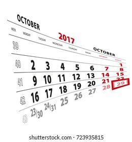 29 October highlighted on calendar 2017. Week starts from Monday. Vector Illustration.