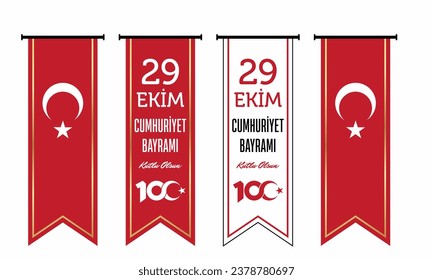 29 October Republic Day Turkey and the National Day in Turkey. Turkish text on red flag. (29 Ekim Cumhuriyet Bayrami Kutlu Olsun) swallow flag. kırlangıç bayrak. 29 Ekim Cumhuriyetimiz 100 yaşında.