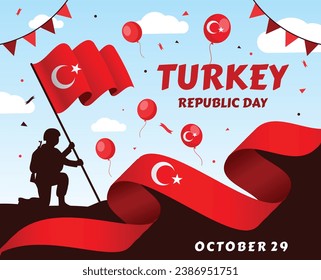 29 October Republic Day in Turkey. Translation: 29 October Republic Day Turkey and the National Day in Turkey. (Turkish: 29 Ekim Cumhuriyet Bayrami Kutlu Olsun.) Poster, Social Media, Greeting card.

