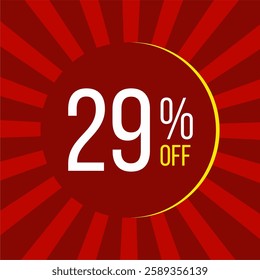 29% off label illustration featuring a red circ label illustration featuring a red circular promotional label with white and yellow text on a red background - twenty nine off offer for a limited time.