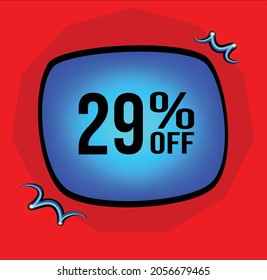 29% off, 29 percent, blue retangle, Red background, number twenty-nine .