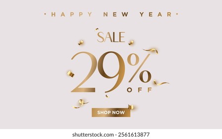 29% off Sale Happy New Year. Twenty nine percent promotion illustration. Shop now. Winter holiday poster with discount coupon. Gold Vector.