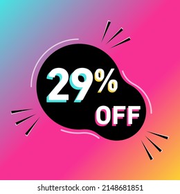 29 % de la ilustración vectorial. 29% de promoción de ventas. Forma redondeada. Blanco, negro, azul, amarillo y rosa. Sombras coloridas. Fondo de degradado.