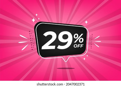 29 percent discount. Pink banner with floating balloon for promotions and offers.
