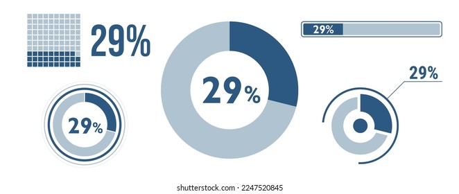 29 percent loading data icon set. Twenty-nine circle diagram, pie donut chart, progress bar. 29% percentage infographic. Vector concept collection, blue color.