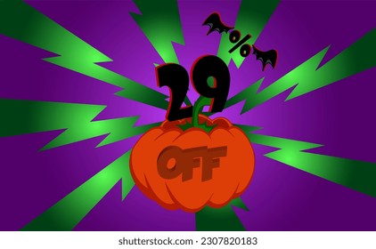 29 percent off. Banner, with pumpkin, green rays and purple background with gradient, bat wings, halloween theme.