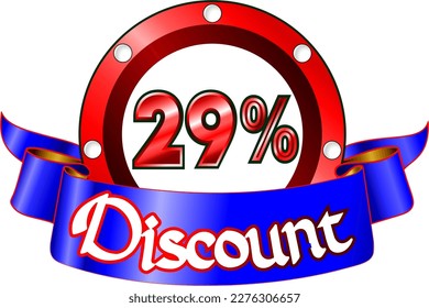 29 percent off, red disk and blue ribbon, vector illustration for wholesale and retail, illustrative art, beautiful percentage % illustration, vector banner. God is good!