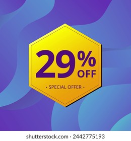 29% Sale and Discount Label. Twenty nine percent Sale Discount label Geometric design. Abstract Blue and Yellow Hexagon. Vector illustration.