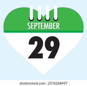 29 September calendar icon green heart shape on light sky blue color background, calendar vector symbol for the month of September.