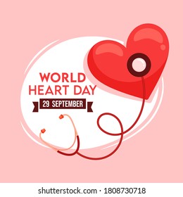 29 September, World Heart Day Text With Heart Checkup From Stethoscope On White And Pink Background.