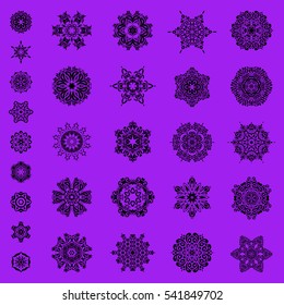 29 snowflakes set on a violet background. Hand drawn design with abstract winter doodles. Vector Merry Christmas and Happy New Year lettering quote.