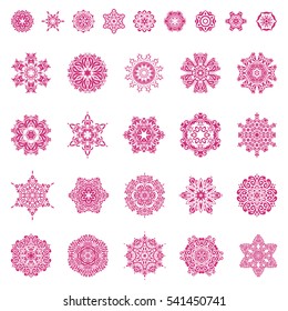 29 snowflakes winter New Year frame. Vector illustration in pink colors on white background.
