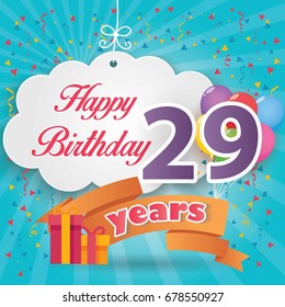 29 th birthday celebration greeting card origami paper art design, birthday party poster background with clouds, balloon, ribbon and gift box full color. twenty nine anniversary celebrations
