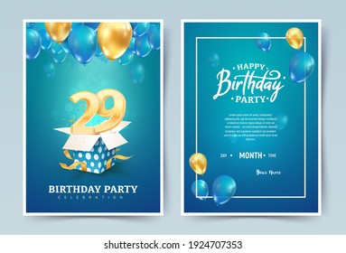 Tarjeta doble de invitación vectorial de 29 años. Folleto de la celebración del 29 años. Plantilla de invitación para imprimir sobre fondo azul