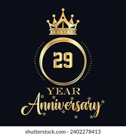 29 year anniversary celebration. Anniversary logo with crown and golden color vector illustration.