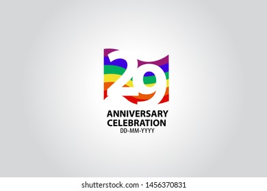29 year anniversary celebration logotype with white number Emboss Style isolated on LGBT Colorful Flag on white grey background for invitation card, banner or flyer - vector