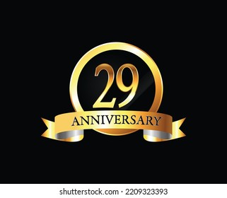 29 Year Anniversary celebration Vector Design with ring and ribbon. 29th Anniversary celebration. Gold Luxury Banner of 29th Anniversary celebration. twenty-nine celebration card. Vector anniversary