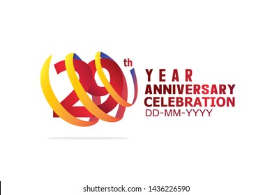 29 Year Anniversary, Red Color Text and Yellow-Orange-Blue Ribbon. Isolated graphic anniversary for banner, greeting card - vector