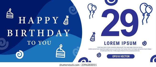 29 year celebration Creative Happy Birthday Text. Blue color decorative banner design, Vector illustration.