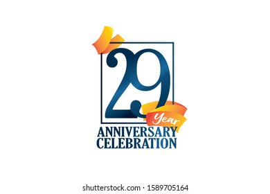 29 Years Anniversary Blue Color with Block Frame and Orange-Yellow Ribbon, Classic Style For Invitation, banner, ads, greeting card - Vector