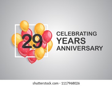 29 years anniversary celebration with balloons inside white square isolated on grey background 