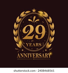 29 Years Anniversary celebration. Golden Color, Vector Template festive illustration. Birthday or wedding party event decoration.