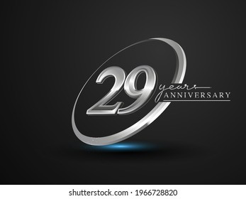 29 Years Anniversary Celebration. Anniversary logo with ring and elegance silver color isolated on black background, vector design for celebration, invitation card, and greeting card