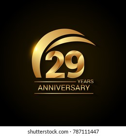 29 Years Anniversary Celebration Logotype. Golden Elegant Vector Illustration  with Gold Swoosh,  Isolated on Black Background can be use for Celebration, Invitation, and Greeting card