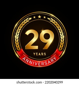 29 years anniversary, golden anniversary celebration logotype with red ribbon isolated on black background, vector illustration