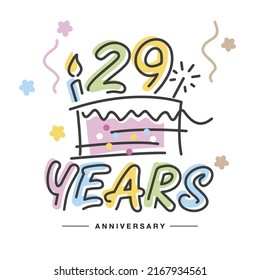 29 Years Anniversary handwritten typography lettering Greeting card with colorful big cake, sparkle firework, number, candle and confetti