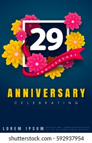 29 years anniversary invitation card - celebration template design , 29th anniversary with flowers and modern design elements, dark blue background - vector illustration