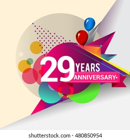 29 Years Anniversary logo with balloon and colorful geometric background, vector design template elements for your birthday celebration.