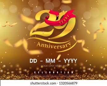 29 years anniversary logo template on gold background. 29th celebrating golden numbers with red ribbon vector and confetti isolated design elements