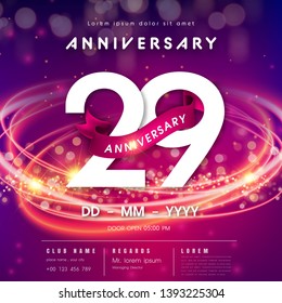 29 years anniversary logo template on purple Abstract futuristic space background. 29th modern technology design celebrating numbers with Hi-tech network digital technology concept design elements.