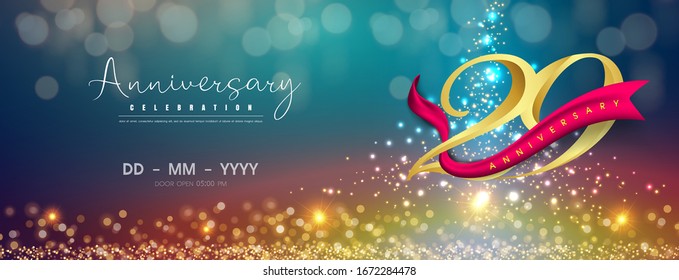 29 years anniversary logo template on gold and blue background. 29th celebrating golden numbers with red ribbon vector and confetti isolated design elements