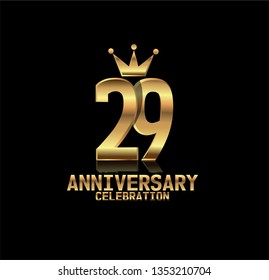 29 years anniversary simple design with golden font and crown with reflection golden number. Elegant, simple, and luxury design. Design with shadow or reflection under number