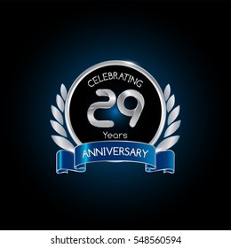 29 years silver anniversary celebration logo with blue ribbon , isolated on dark background
