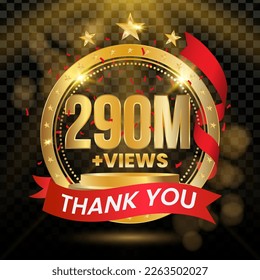 290M+ Vistas Logotipo con oro y confeti rojo aislado en fondo negro (PNG), diseño vectorial para la celebración de la pantalla de vídeo.