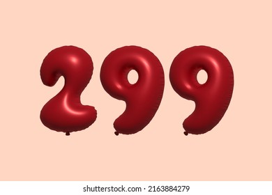 299 3d number balloon made of realistic metallic air balloon 3d rendering. 3D Red helium balloons for sale decoration Party Birthday, Celebrate anniversary, Wedding Holiday. Vector illustration