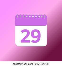 Icono 3d de fecha de calendario de 29 días. Icono del 22 día del mes. Fecha de programación del evento. Hora de cita de la reunión. Plan de agenda, calendario 3d del mes y planificador de tiempo. recordatorio. Ilustración vectorial