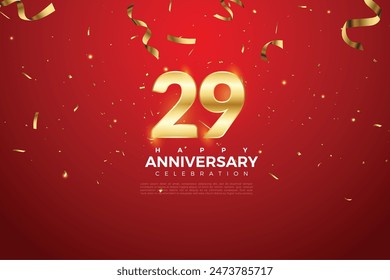 29th Anniversary celebration, 29 Anniversary celebration On Red background for celebration event, festive illustration, Golden number 29 sparkling confetti, 29,30
