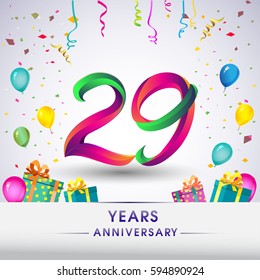 29th Anniversary Celebration Design, with gift box, balloons and confetti, Colorful Vector template elements for your, twenty nine years birthday celebration party.