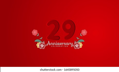 29th Anniversary celebration. Emboss number with Gradient red background and flowers decoration. Modern elegant simple background design vector EPS 10. Can be used for company or wedding.