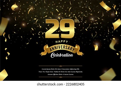 29th anniversary celebration Gold numbers with dotted halftone, shadow and sparkling confetti. modern elegant design with black background. for wedding party event decoration.
